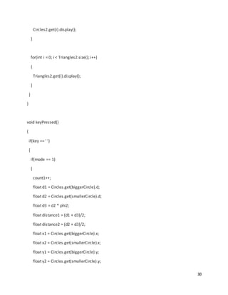 30
Circles2.get(i).display();
}
for(int i = 0; i < Triangles2.size(); i++)
{
Triangles2.get(i).display();
}
}
}
void keyPressed()
{
if(key == ' ')
{
if(mode == 1)
{
count1++;
float d1 = Circles.get(biggerCircle).d;
float d2 = Circles.get(smallerCircle).d;
float d3 = d2 * phi2;
float distance1 = (d1 + d3)/2;
float distance2 = (d2 + d3)/2;
float x1 = Circles.get(biggerCircle).x;
float x2 = Circles.get(smallerCircle).x;
float y1 = Circles.get(biggerCircle).y;
float y2 = Circles.get(smallerCircle).y;
 