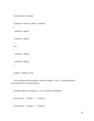 32
float realRootY, realRootX;
if( (yRoot1 + xRoot1) > (yRoot2 + xRoot2))
{
realRootY = yRoot1;
realRootX = xRoot1;
}
else
{
realRootY = yRoot2;
realRootX = xRoot2;
}
tempPhi = tempPhi * phi2;
Circles.add(new Circle(realRootX, realRootY, tempPhi * ratio * 2, (int)random(255),
(int)random(255), (int)random(255)));
Triangles.add(new Triangle(x1, y1, x2, y2, realRootX, realRootY));
println("root1: " + xRoot1 + ", " + yRoot1);
println("root2: " + xRoot2 + ", " + yRoot2);
 