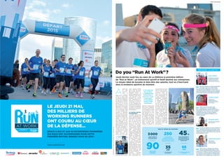 A
peine plus
de vingt
minutes :
voilà le
t e m p s
réalisé par le vainqueur
de Run at Work, après
un parcours urbain d’un
peu plus de 6 kilomètres
au cœur de La Défense.
Mais l’intérêt de cet évé-
nement ne se trouvait
pas vraiment là. Le but
était de permettre à des
personnes se côtoyant
tous les jours au bureau
de se rencontrer, dans
un autre contexte. Sans
costume ni hiérarchie,
mais en tenue de sport.
Un genre de team-buil-
ding géant, réalisé direc-
tement à la sortie des
bureaux, au cœur du
plus grand centre d’af-
faires d’Europe. Le for-
mat, accessible à tous les
âges et tous les niveaux
d’entraînement, est par-
fait pour rassembler le
maximum de collègues.
« L’idée nous est venue
en voyant qu’un nombre
grandissant d‘entre-
prises s’inscrivait aux
courses que nous orga-
Do you “Run At Work” ?
Jeudi dernier avait lieu au cœur de La Défense la première édition
de “Run at Work”, un événement sportif et festif destiné aux entreprises.
Le moyen idéal de booster le bien-être des salariés, tout en s’inscrivant
dans la tendance sportive du moment.
sont échauffés d’un seul
homme, avant de s’élan-
cer sur un parcours qui
serpentait entre les
tours et les sculptures
d’art contemporain de
la dalle, enjambant les
passerelles, traversant
le parc André-Malraux
à Nanterre, et même
le centre commercial
du CNIT. De quoi don-
ner une autre image du
quartier, habitué à vivre
au rythme des heures
de bureau. D’autant que
tout un village était créé
pour l’occasion, avec
chaises de massage,
terrain de pétanque, tir
à l’arc, billards de plein
air, food-trucks et DJ.
Résultat : à 22 heures,
à l’heure où La Défense
dort depuis longtemps,
la soirée ne faisait que
commencer pour bien
des coureurs.
toire de ne mettre mal à
l’aise aucun coéquipier.
D’autres, comme Huma-
nis, le faisaient au profit
d’une association – pour
1 km parcouru, un euro
était récolté. Et, au vu
de l’ambiance électrique
qui régnait à 19 heures
sur la ligne de départ,
on peut dire que c’était
réussi ! Face à des pas-
sants et riverains mé-
dusés, quelque 3 000
salariés en baskets se
nisons, explique Camille
Bacot, Chef de Projet
pour Amaury Sport Or-
ganisation (A.S.O.), la
société organisatrice de
l’événement. Nous avons
voulu répondre à cette
demande, qui s’inscrit
dans l’engouement ac-
tuel pour le running, et
surtout dans un souci ac-
cru des managers pour
le bien-être physique et
mental de leurs équipes,
en créant un événement
spécialement conçu pour
les entreprises. »
Le running, outil de
management ?
« Le sport véhicule des
valeurs de dépassement
de soi, d’esprit d’équipe,
d’échange et de cohé-
sion, qui se retrouvent
dans le monde du tra-
vail. Il est en train de
devenir un outil incon-
tournable de manage-
ment », affirme Floriane
Lassalle-Massip, respon-
sable communication
pour Technip Europe,
société spécialisée dans
l’ingénierie pétrolière et
gazière, principal par-
tenaire de l’événement
ayant rassemblé près
de 250 coureurs dans
son équipe. L’intérêt
n’a pas échappé aux
entreprises, qui étaient
quatre-vingt-dix à ré-
pondre présentes à cette
première édition. Parmi
elles, Technip, EDF, Suez
Environnement, Le Coq
Sportif, Caterpillar, M6,
ou encore Assystem.
Certaines couraient
juste « pour la gloire »,
sans chronomètre, his-
TÉMOIGNAGES : ILS L’ONT FAIT !
Entre les boutiques, les sites de production
et le siège social, nous sommes situés
dans plein de lieux différents et nous ne nous
connaissons que par téléphone ou mail. Le but de
cette course était de se rencontrer et de partager,
de créer des souvenirs et une histoire commune. ”
RESPONSABLE CONTRÔLE
DE GESTION, ET PASCALE
GABARD, RESPONSABLE
JURIDIQUE CHEZ DALLOYAU
Audrey Montel
RESPONSABLE COMMERCIAL
CHEZ ASSYSTEM
RESPONSABLE
COMMUNICATION ET
PARTENARIATS SPORTIFS
CHEZ HUMANIS
Cette course se distingue des réunions
de team-building traditionnelles car elle
réunit tous les métiers d’une même entreprise sur
un même lieu. Le fait de porter le même T-shirt, à
nos couleurs, permet de gommer les différences
hiérarchiques et les préjugés que l’on peut avoir. ”
En tant que capitaine, je devais mobiliser le
maximum de personnes pour cette course.
Une fois le nombre de participants atteint, tout le
monde veut en être, même celles et ceux qui n’ont
pas l’habitude de courir ! ”
RESPONSABLE
COMMUNICATION
CHEZ MANPOWER
François Foucher
Cette course s’inscrit dans notre
programme de « running solidaire » :
pour chaque kilomètre parcouru par l’un de nos
collaborateurs, nous versons un euro à l’AFSA,
l’association qui vient en aide aux familles
touchées par le syndrome d’Angelman, une
maladie orpheline. ”
Thieyacine Ndaw
Isabelle Simacourbe
À l’occasion de
Run at Work,
La Défense s’est
transformée en
terrain de course
à ciel ouvert,
en accueillant
quelque 3000
participants.
LE JEUDI 21 MAI,
DES MILLIERS DE
WORKING RUNNERS
ONT COURU AU CŒUR
DE LA DÉFENSE…
BRAVO À EUX ET AUX 90 ENTREPRISES PIONNIÈRES
QUI NOUS ONT ACCOMPAGNÉS POUR CETTE
PREMIÈRE ÉDITION. RENDEZ-VOUS EN 2016 !
www.runatwork.com
Publi-communiqué
35ANS
45%
68 
ANS
C’est le nombre de
salariés inscrits pour
la première édition.
C’est le pourcentage de
femmes participant, ce
qui est bien plus que sur
les épreuves de running
traditionnelles
C’est l’âge moyen
des coureurs.
C’est le nombre
d’entreprises
participantes.
C’est l’âge du participant
le plus âgé
C’est le nombre
de participants venus
de l’entreprise Technip, ce
qui en fait l’entreprise la plus
représentée sur la course.
RUN AT WORK EN CHIFFRES
FLORIANE LASSALLE-MASSIP
©ASO/S.MOURTAKA©CBPROD©PHOTORUNNING©SBJ/ADAGP,PARIS2015
 