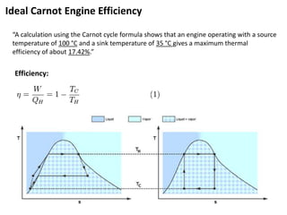 Ideal Carnot Engine Efficiency

 “A calculation using the Carnot cycle formula shows that an engine operating with a source
 temperature of 100 °C and a sink temperature of 35 °C gives a maximum thermal
 efficiency of about 17.42%.”


  Efficiency:
 