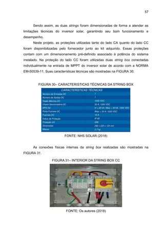 57
Sendo assim, as duas strings foram dimensionadas de forma a atender as
limitações técnicas do inversor solar, garantindo seu bom funcionamento e
desempenho.
Neste projeto, as proteções utilizadas tanto do lado CA quanto do lado CC
foram disponibilizadas pelo fornecedor junto ao kit adquirido. Essas proteções
contam com um dimensionamento pré-definido associado à potência do sistema
instalado. Na proteção do lado CC foram utilizadas duas string box conectadas
individualmente na entrada de MPPT do inversor solar de acordo com a NORMA
EM-50539-11. Suas características técnicas são mostradas na FIGURA 30.
FIGURA 30– CARACTERISTICAS TÉCNICAS DA STRING BOX
FONTE: NHS SOLAR (2018)
As conexões físicas internas da string box realizadas são mostradas na
FIGURA 31.
FIGURA 31– INTERIOR DA STRING BOX CC
FONTE: Os autores (2018)
 