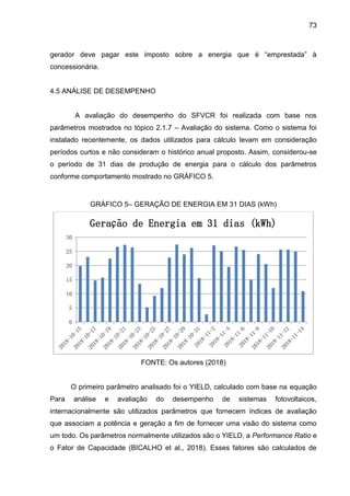73
gerador deve pagar este imposto sobre a energia que é “emprestada” à
concessionária.
4.5 ANÁLISE DE DESEMPENHO
A avaliação do desempenho do SFVCR foi realizada com base nos
parâmetros mostrados no tópico 2.1.7 – Avaliação do sistema. Como o sistema foi
instalado recentemente, os dados utilizados para cálculo levam em consideração
períodos curtos e não consideram o histórico anual proposto. Assim, considerou-se
o período de 31 dias de produção de energia para o cálculo dos parâmetros
conforme comportamento mostrado no GRÁFICO 5.
GRÁFICO 5– GERAÇÃO DE ENERGIA EM 31 DIAS (kWh)
FONTE: Os autores (2018)
O primeiro parâmetro analisado foi o YIELD, calculado com base na equação
Para análise e avaliação do desempenho de sistemas fotovoltaicos,
internacionalmente são utilizados parâmetros que fornecem índices de avaliação
que associam a potência e geração a fim de fornecer uma visão do sistema como
um todo. Os parâmetros normalmente utilizados são o YIELD, a Performance Ratio e
o Fator de Capacidade (BICALHO et al., 2018). Esses fatores são calculados de
0
5
10
15
20
25
30
Geração de Energia em 31 dias (kWh)
 