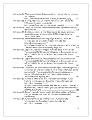 16
Ilustración 54. Filtro anaerobio de flujo ascedente, independiente. Imagen
tomada de:
http://www.tecnifossas.com.br/filtro_anaerobio_2.jpg .........173
Ilustración 55. Configuración de un sistema individual con campo de
infiltración. Imagen tomada de:
http://www.fosasydepuradoras.es/image3.gif .......................175
Ilustración 56. Corte transversal y longitudinal de una zanja de un campo
de infiltración.................................................................................176
Ilustración 57. Costos asociados a una depuradora de aguas residuales
según el número de habitantes (CIDTA. Universidad de
Salamanca, 2005).........................................................................178
Ilustración 58. Sistema simplificado de lagunaje. Autor: ITC, Instituto
Tecnológico de Canarias. Imagen tomada de:
http://2.bp.blogspot.com/-
8KKT2OkXvUI/TcKHOOpOc_I/AAAAAAAAAIc/raWEbLhDWHg/s
1600/Esquema+proceso+de+lagunaje.JPG ............................178
Ilustración 59. Laguna Anaerobia. Imagen tomada de la presentación
“Tecnologías No Convencionales para la Depuración de las
A.R.U.” del Centro de las Nuevas Tecnologías del Agua
(CENTA). .........................................................................................179
Ilustración 60. Laguna Facultativa. Imagen tomada de: la presentación
“Tecnologías No Convencionales para la Depuración de las
A.R.U.” del Centro de las Nuevas Tecnologías del Agua
(CENTA). .........................................................................................180
Ilustración 61. Dinámicas de transformación de energía, materia orgánica y
nutrientes, en una laguna facultativa. Imagen tomada de: la
presentación “Tecnologías No Convencionales para la
Depuración de las A.R.U.” del Centro de las Nuevas
Tecnologías del Agua (CENTA). .................................................180
Ilustración 62. Humedal artificial de flujo subsuperficial vertical. Autor:
Instituto Tecnológico de Canarias. Imagen tomada de:
http://2.bp.blogspot.com/-
wfxgzlUordY/Tb6n8YtkBeI/AAAAAAAAAIU/CwQv0GSh6Q4/s16
00/Humedal+Artificial+de+Flujo+Subsuperfiacial+Vertical+%25
28HAFSV%2529.JPG ......................................................................185
Ilustración 63. Esquemas de funcionamiento de los humedales artificiales.
Imagen tomada de: Hans Brix (Universidad de Aarhus,
Dinamarca). ..................................................................................186
Ilustración 64. Funcionamiento de un filtro verde. Autor: Instituto
Tecnológico de Canarias. Imagen tomada de:
http://2.bp.blogspot.com/-
 