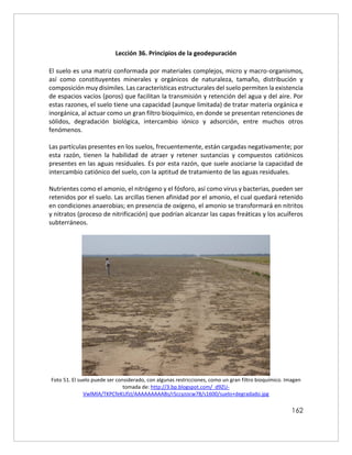 162
Lección 36. Principios de la geodepuración
El suelo es una matriz conformada por materiales complejos, micro y macro-organismos,
así como constituyentes minerales y orgánicos de naturaleza, tamaño, distribución y
composición muy disímiles. Las características estructurales del suelo permiten la existencia
de espacios vacíos (poros) que facilitan la transmisión y retención del agua y del aire. Por
estas razones, el suelo tiene una capacidad (aunque limitada) de tratar materia orgánica e
inorgánica, al actuar como un gran filtro bioquímico, en donde se presentan retenciones de
sólidos, degradación biológica, intercambio iónico y adsorción, entre muchos otros
fenómenos.
Las partículas presentes en los suelos, frecuentemente, están cargadas negativamente; por
esta razón, tienen la habilidad de atraer y retener sustancias y compuestos catiónicos
presentes en las aguas residuales. Es por esta razón, que suele asociarse la capacidad de
intercambio catiónico del suelo, con la aptitud de tratamiento de las aguas residuales.
Nutrientes como el amonio, el nitrógeno y el fósforo, así como virus y bacterias, pueden ser
retenidos por el suelo. Las arcillas tienen afinidad por el amonio, el cual quedará retenido
en condiciones anaerobias; en presencia de oxígeno, el amonio se transformará en nitritos
y nitratos (proceso de nitrificación) que podrían alcanzar las capas freáticas y los acuíferos
subterráneos.
Foto 51. El suelo puede ser considerado, con algunas restricciones, como un gran filtro bioquímico. Imagen
tomada de: http://3.bp.blogspot.com/_d9ZU-
VwlMlA/TKPCfeKUfzI/AAAAAAAAABs/rSccyzocw78/s1600/suelo+degradado.jpg
 