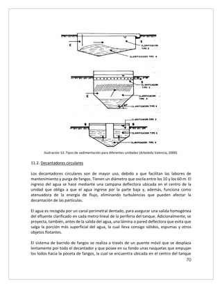 70
Ilustración 13. Tipos de sedimentación para diferentes unidades (Arboleda Valencia, 2000).
11.2. Decantadores circulares
Los decantadores circulares son de mayor uso, debido a que facilitan las labores de
mantenimiento y purga de fangos. Tienen un diámetro que oscila entre los 10 y los 60 m. El
ingreso del agua se hace mediante una campana deflectora ubicada en el centro de la
unidad que obliga a que el agua ingrese por la parte baja y, además, funciona como
atenuadora de la energía de flujo, eliminando turbulencias que pueden afectar la
decantación de las partículas.
El agua es recogida por un canal perimetral dentado, para asegurar una salida homogénea
del efluente clarificado en cada metro lineal de la periferia del tanque. Adicionalmente, se
proyecta, también, antes de la salida del agua, una lámina o pared deflectora que evita que
salga la porción más superficial del agua, la cual lleva consigo sólidos, espumas y otros
objetos flotantes.
El sistema de barrido de fangos se realiza a través de un puente móvil que se desplaza
lentamente por todo el decantador y que posee en su fondo unas rasquetas que empujan
los lodos hacia la poceta de fangos, la cual se encuentra ubicada en el centro del tanque
 