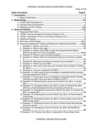 CARDINAL SQUARE BOULEVARD NAME CHANGE
Page 2 of 35
CARDINAL SQUARE BOULEVARD
Table of Contents Page #
1. Introduction.............................................................................................................. 4
1) Report Preparation.......................................................................................... 4
2. Methodology.......................................................................................................... 4-6
1) Cover Letter Development .............................................................................. 4
2) Questionnaire Development............................................................................ 5
3) Meetings and Pre-Testing ............................................................................ 5-6
3. Research Results................................................................................................ 7-22
1) Response Rate Table ..................................................................................... 7
2) “WOW” Comments Against the Name Change (n=6)...................................... 7
3) “WOW” Comments in Favor of the Name Change (n=2)................................. 8
4) Significant Results........................................................................................... 8
5) Summary of All Findings ............................................................................ 9-11
6) Frequency Distribution Tables and Response Analysis by Question ....... 12-22
1. Question 1: What is your sex?................................................................. 12
2. Question 2: What is your age?................................................................. 12
3. Question 3: Please circle ONE number that represents the highest
level of education you have completed............................................... 12-13
4. Question 4: Where is your business located?.......................................... 13
5. Question 5: Please check the intersection that your business is closest
to.............................................................................................................. 13
6. Question 6: What type of product or service do you provide?.................. 14
7. Question 7: What is your job title? ........................................................... 14
8. Question 8: How many years has your business been located on Fashion
Sq. Blvd? ................................................................................................. 15
9. Question 9: Are you a graduate of SVSU? ............................................. 15
10.Question 10: How many of your immediate or extended family members
have graduated from SVSU?................................................................... 16
11.Question 11: How many of your immediate or extended family members,
including yourself, have ever been enrolled at SVSU?............................ 16
12.Question 12: Rebranding the area around Fashion Sq. Blvd. is a good
idea.......................................................................................................... 17
13.Question 13: Changing Fashion Sq. Blvd.’s name to Cardinal Sq. Blvd.
will bring a fresh perspective to the surrounding community.................... 17
14.Question 14: Changing the name from Fashion Sq. Blvd. to Cardinal Sq.
Blvd. is a good idea. ................................................................................ 18
15.Question 15: Extending the current Fashion Sq. Blvd. to Pierce Road is
a good idea.............................................................................................. 18
16.Question 16: Extending Fashion Sq. Blvd. to Pierce Road would reduce
traffic on Bay Road.. ................................................................................ 19
17.Question 17: Extending Fashion Sq. Blvd. to Pierce Road will generate
economic growth...................................................................................... 19
18.Question 18: Changing to name of Fashion Sq. Blvd. will benefit my
business................................................................................................... 20
19.Question 19: If Fashion Sq. Blvd. is extended to Pierce Road, there
 