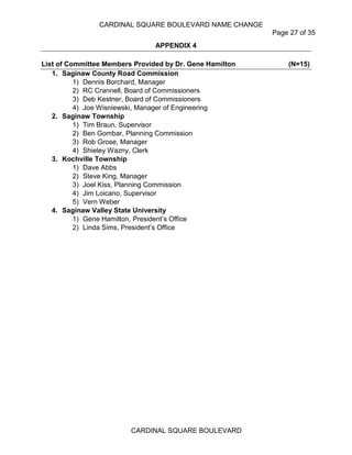 CARDINAL SQUARE BOULEVARD NAME CHANGE
Page 27 of 35
CARDINAL SQUARE BOULEVARD
APPENDIX 4
List of Committee Members Provided by Dr. Gene Hamilton (N=15)
1. Saginaw County Road Commission
1) Dennis Borchard, Manager
2) RC Crannell, Board of Commissioners
3) Deb Kestner, Board of Commissioners
4) Joe Wisniewski, Manager of Engineering
2. Saginaw Township
1) Tim Braun, Supervisor
2) Ben Gombar, Planning Commission
3) Rob Grose, Manager
4) Shieley Wazny, Clerk
3. Kochville Township
1) Dave Abbs
2) Steve King, Manager
3) Joel Kiss, Planning Commission
4) Jim Loicano, Supervisor
5) Vern Weber
4. Saginaw Valley State University
1) Gene Hamilton, President’s Office
2) Linda Sims, President’s Office
 