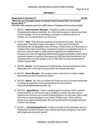 CARDINAL SQUARE BOULEVARD NAME CHANGE
Page 30 of 35
CARDINAL SQUARE BOULEVARD
APPENDIX 7
Responses to Question 21 (N=24)
“What are your thoughts about changing Fashion Square Blvd. to Cardinal
Square Blvd.?” *
*Over 50% of the responses were from a CEO, Owner, or President of the business (n=14/24)
1. DCI #1 – Administration Manager: “It would be costly to our business.
Changing all envelopes stationary, etc. informing thousands of clients would cost
a lot for postage. Our time and energy to change our address with all our
vendors, etc. is unproductive to our business.”
2. DCI #3 – CEO: “This would be extremely inconvenient and costly. Business
spend years “branding” to grow and expand. A major part of branding is
associating with the geographic area and tying in street names and landmarks. A
change of this nature would force a business to spend a considerable amount of
time and money to repeat a costly process integral to the establishment of
business and neat and negatively effect location based assimilation used to draw
customers based on proximity. Businesses on FSB have tied themselves to the
shopping district and paid greatly to be on FSB which conveys the goodwill of
Fashion Square Mall.”
3. DCI #4 – Owner: “At the expense of small business, the cost would be an issue.
Especially since a new sign is required with new features this year.”
4. DCI #5 – Nurse Manager: “Our surgery center would have to change multiple
documents and cost our business money.”
5. DCI #9 – Owner: “No. Are you kidding me? Each one of my business would have
to change all paperwork, business license/tax ID, and business
cards/checks/letterheads/websites, etc.”
6. DCI #10 – Agent/Owner: “I think it would be good to embrace SVSU’s positive
presence within our community region (GLBR) as a whole. My only concern
would be the confusion as to where Cardinal Square is for the public. Many might
think that it’s where the plaza is now (where TDubbs was). I think overtime
though and a good marketing plan, the word would spread and people will know.
I’d be for the change.”
7. DCI #11 – Cosmetologist/Owner: “It will be a hassle to the businesses who are
established on Fashion Square, and I believe that simply changing a road name
will not generate economic growth.”
 