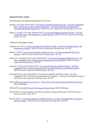 8
Suggested further reading
The main papers providing the background to this note are:
Fournier, J.-M. and I. Koske (2012), “Less Income Inequality and More Growth – Are They Compatible?
Part 7. The Drivers of Labour Earnings Inequality – An Analysis Based on Conditional and
Unconditional Quantile Regressions”, OECD Economics Department Working Papers, No. 930.
Koske, I., Fournier, J.-M. and I. Wanner (2012), “Less Income Inequality and More Growth – Are They
Compatible? Part 2. The Distribution of Labour Income”, OECD Economics Department Working
Papers, No. 925.
Additional related papers include:
Fredriksen, K. (2012), “Less Income Inequality and More Growth – Are They Compatible? Part 6. The
Distribution of Wealth”, OECD Economics Department Working Paper, No. 929.
Hoeller, P. (2012), “Less Income Inequality and More Growth – Are They Compatible? Part 4. Top
Incomes”, OECD Economics Department Working Paper, No. 927.
Hoeller, P., I. Joumard, M. Pisu and D. Bloch (2012), “Less Income Inequality and More Growth – Are
They Compatible? Part 1. Mapping Income Inequality Across the OECD”, OECD Economics
Department Working Paper, No. 924.
Joumard, I., M. Pisu and D. Bloch (2012), “Less Income Inequality and More Growth – Are They
Compatible? Part 3. Income Redistribution via Taxes and Transfers across OECD Countries”,
OECD Economics Department Working Paper, No. 926.
Kierzenkowski, R. and I. Koske (2012), “Less Income Inequality and More Growth – Are They
Compatible? Part 8. The Drivers of Labour Income Inequality – A Review of the Recent Literature”,
OECD Economics Department Working Paper, No. 931.
OECD (2006), Boosting Jobs and Incomes – Policy Lessons from Reassessing the OECD Jobs Strategy,
OECD Publishing.
OECD (2011), Divided We Stand: Why Inequality Keeps Rising, OECD Publishing.
OECD (2012), “Income Inequality and Growth: The Role of Taxes and Transfers”, OECD Economics
Department Policy Note, No. 9.
Pisu, M. (2012), “Less Income Inequality and More Growth – Are They Compatible? Part 5. Poverty in
OECD Countries”, OECD Economics Department Working Paper, No. 928.
 