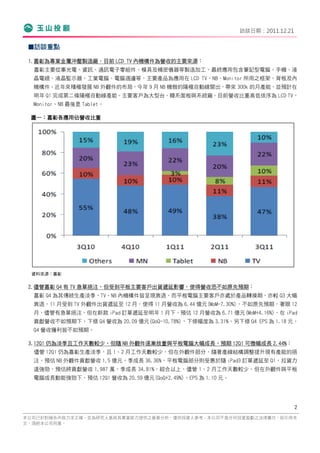 訪談日期：2011.12.21

 ▓訪談重點

 1.嘉彰為專業金屬沖壓製造廠，目前 LCD TV 內機構件為營收的主要來源：
  嘉彰主要從事光電、資訊、通訊電子零組件、模具及精密儀器等製造加工，最終應用包含筆記型電腦、手機、液
  晶電視、液晶監示器、工業電腦、電腦週邊等，主要產品為應用在 LCD TV、NB、Monitor 所用之框架、背板及內
  機構件。近年來積極發展 NB 外觀件的布局，今年 9 月 NB 機殼的陽極自動線開出，帶來 300k 的月產能，並預計在
  明年 Q1 完成第二條陽極自動線產能。主要客戶為大型台、韓系面板與系統廠。目前營收比重高低依序為 LCD TV、
  Monitor、NB 最後是 Tablet。

 圖一：嘉彰各應用佔營收比重




  資料來源：嘉彰


 2.儘管嘉彰 Q4 有 TV 急單挹注，但受到平板主要客戶出貨遞延影響，使得營收恐不如原先預期：
  嘉彰 Q4 為其傳統生產淡季，TV、NB 內機構件皆呈現衰退，而平板電腦主要客戶亦處於產品轉換期，亦較 Q3 大幅
  衰退，11 月受到 TV 外觀件出貨遞延至 12 月，使得 11 月營收為 6.44 億元(MoM-7.30%)，不如原先預期，著眼 12
  月，儘管有急單挹注，但在新款 iPad 訂單遞延至明年 1 月下，預估 12 月營收為 6.71 億元(MoM+4.16%)，在 iPad
  貢獻營收不如預期下，下修 Q4 營收為 20.09 億元(QoQ-10.78%)，下修幅度為 3.31%。另下修 Q4 EPS 為 1.18 元，
  Q4 營收獲利皆不如預期。

 3.12Q1 仍為淡季且工作天數較少，但隨 NB 外觀件逐漸放量與平板電腦大幅成長，預期 12Q1 可微幅成長 2.44%：
  儘管 12Q1 仍為嘉彰生產淡季，且 1、2 月工作天數較少，但在外觀件部分，隨著產線結構調整提升現有產能的挹
  注，預估 NB 外觀件貢獻營收 1.5 億元，季成長 36.36%，平板電腦部分則受惠於隨 iPad3 訂單遞延至 Q1，拉貨力
  道強勁，預估將貢獻營收 1,987 萬，季成長 34.81%，綜合以上，儘管 1、2 月工作天數較少，但在外觀件與平板
  電腦成長動能強勁下，預估 12Q1 營收為 20.59 億元(QoQ+2.49%)，EPS 為 1.10 元。




                                                                              2
本公司已針對報告內容力求正確，並為研究人員就其專業能力提供之善意分析，僅供投資人參考，本公司不負任何投資盈虧之法律責任，如引用本
文，須經本公司同意。
 
