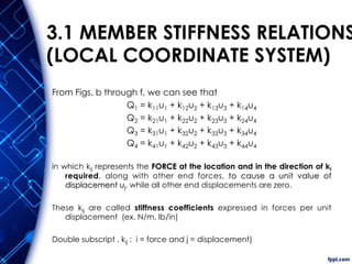 3.1 MEMBER STIFFNESS RELATIONS
(LOCAL COORDINATE SYSTEM)
From Figs. b through f, we can see that
Q1 = k11u1 + k12u2 + k13u3 + k14u4
Q2 = k21u1 + k22u2 + k23u3 + k24u4
Q3 = k31u1 + k32u2 + k33u3 + k34u4
Q4 = k41u1 + k42u2 + k43u3 + k44u4
in which kij represents the FORCE at the location and in the direction of ki
required, along with other end forces, to cause a unit value of
displacement uj, while all other end displacements are zero.
These kij are called stiffness coefficients expressed in forces per unit
displacement (ex. N/m, lb/in)
Double subscript , kij : i = force and j = displacement)
 