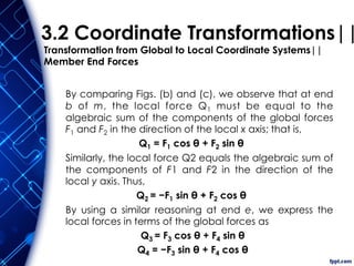 3.2 Coordinate Transformations||
Transformation from Global to Local Coordinate Systems||
Member End Forces
By comparing Figs. (b) and (c), we observe that at end
b of m, the local force Q1 must be equal to the
algebraic sum of the components of the global forces
F1 and F2 in the direction of the local x axis; that is,
Q1 = F1 cos θ + F2 sin θ
Similarly, the local force Q2 equals the algebraic sum of
the components of F1 and F2 in the direction of the
local y axis. Thus,
Q2 = −F1 sin θ + F2 cos θ
By using a similar reasoning at end e, we express the
local forces in terms of the global forces as
Q3 = F3 cos θ + F4 sin θ
Q4 = −F3 sin θ + F4 cos θ
 