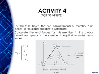 ACTIVITY 4
(FOR 10 MINUTES)
For the truss shown, the end displacements of member 2 (in
inches) in the global coordinate system are
Calculate the end forces for this member in the global
coordinate system. Is the member in equilibrium under these
forces.
v2
0. 75
0
1. 5
2
















 