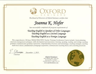 Joanna Hofer TESOL Certification