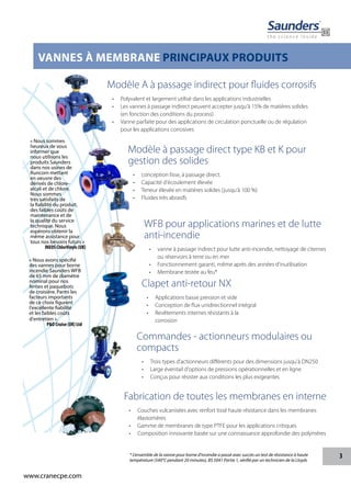 3
www.cranecpe.com
VANNES À MEMBRANE PRINCIPAUX PRODUITS
Modèle A à passage indirect pour fluides corrosifs
•	 Polyvalent et largement utilisé dans les applications industrielles
•	 Les vannes à passage indirect peuvent accepter jusqu'à 15% de matières solides
(en fonction des conditions du process)
•	 Vanne parfaite pour des applications de circulation ponctuelle ou de régulation
pour les applications corrosives
Modèle à passage direct type KB et K pour
gestion des solides
•	 conception lisse, à passage direct.
•	 Capacité d'écoulement élevée
•	 Teneur élevée en matières solides (jusqu'à 100 %)
•	 Fluides très abrasifs
WFB pour applications marines et de lutte
anti-incendie
•	 vanne à passage indirect pour lutte anti-incendie, nettoyage de citernes
ou réservoirs à terre ou en mer
•	 Fonctionnement garanti, même après des années d'inutilisation
•	 Membrane testée au feu*
Clapet anti-retour NX
•	 Applications basse pression et vide
•	 Conception de flux unidirectionnel intégral
•	 Revêtements internes résistants à la
corrosion
Commandes - actionneurs modulaires ou
compacts
•	 Trois types d'actionneurs différents pour des dimensions jusqu'à DN250
•	 Large éventail d'options de pressions opérationnelles et en ligne
•	 Conçus pour résister aux conditions les plus exigeantes
Fabrication de toutes les membranes en interne
•	 Couches vulcanisées avec renfort tissé haute résistance dans les membranes
élastomères
•	 Gamme de membranes de type PTFE pour les applications critiques
•	 Composition innovante basée sur une connaissance approfondie des polymères
« Nous avons spécifié
des vannes pour borne
incendie Saunders WFB
de 65 mm de diamètre
nominal pour nos
ferries et paquebots
de croisière. Parmi les
facteurs importants
de ce choix figurent
l'excellente fiabilité
et les faibles coûts
d'entretien ».
P&O Cruise (UK) Ltd
« Nous sommes
heureux de vous
informer que
nous utilisons les
produits Saunders
dans nos usines de
Runcorn mettant
en oeuvre des
dérivés de chlore-
alcali et de chlore.
Nous sommes
très satisfaits de
la fiabilité du produit,
des faibles coûts de
maintenance et de
la qualité du service
technique. Nous
espérons obtenir la
même assistance pour
tous nos besoins futurs »
INEOS ChlorVinyls (UK)
* L'ensemble de la vanne pour borne d'incendie a passé avec succès un test de résistance à haute
température (540°C pendant 20 minutes), BS 5041 Partie 1, vérifié par un technicien de la Lloyds
 