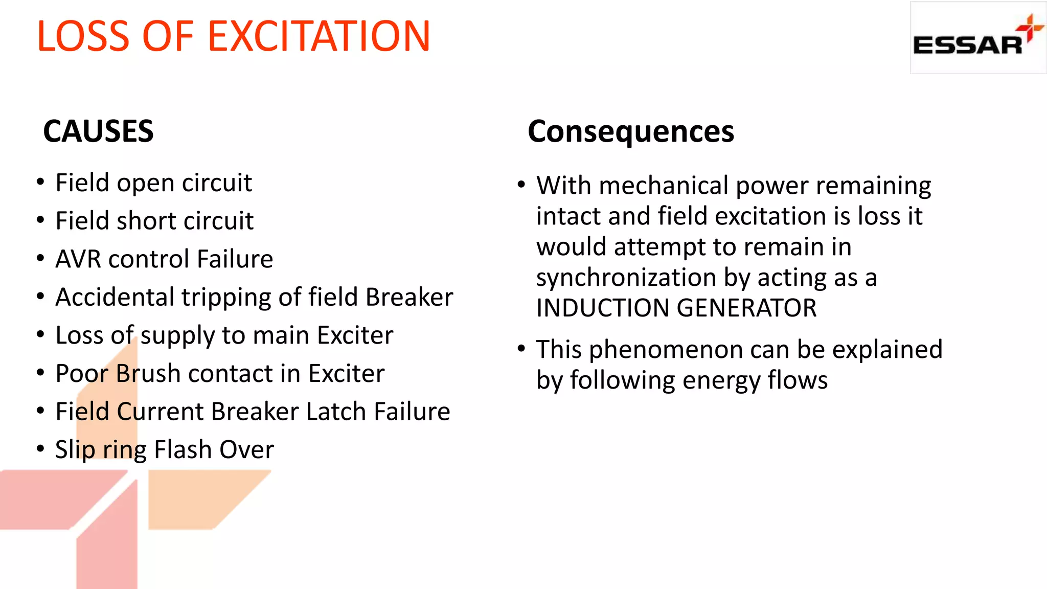 LOSS OF EXCITATION
CAUSES
• Field open circuit
• Field short circuit
• AVR control Failure
• Accidental tripping of field Breaker
• Loss of supply to main Exciter
• Poor Brush contact in Exciter
• Field Current Breaker Latch Failure
• Slip ring Flash Over
Consequences
• With mechanical power remaining
intact and field excitation is loss it
would attempt to remain in
synchronization by acting as a
INDUCTION GENERATOR
• This phenomenon can be explained
by following energy flows
 