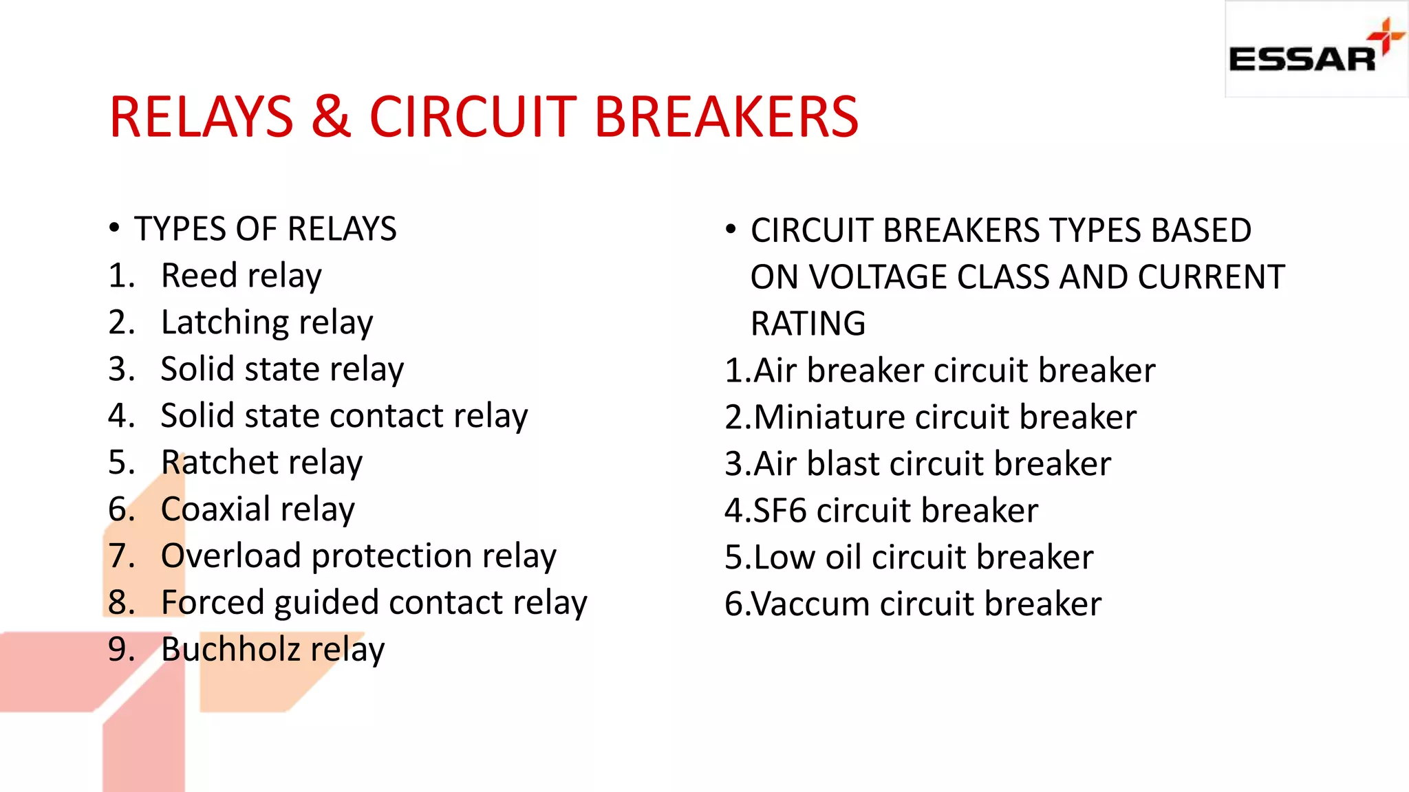RELAYS & CIRCUIT BREAKERS
• TYPES OF RELAYS
1. Reed relay
2. Latching relay
3. Solid state relay
4. Solid state contact relay
5. Ratchet relay
6. Coaxial relay
7. Overload protection relay
8. Forced guided contact relay
9. Buchholz relay
• CIRCUIT BREAKERS TYPES BASED
ON VOLTAGE CLASS AND CURRENT
RATING
1.Air breaker circuit breaker
2.Miniature circuit breaker
3.Air blast circuit breaker
4.SF6 circuit breaker
5.Low oil circuit breaker
6.Vaccum circuit breaker
 