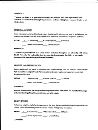 COMMENTS:
Yudeline has shown to be quite dependable with her assigned tasks. She requires very litfle
direction and instruction for completing them. She is always willing to do whatever it takes to get
the job done.
EMOTIONAL MATURITY
Has a mature demeanor and handles pressure situations with calmness and logic. ls well adjusted and
does not become excitable and erratic when faced with novel situations or unexpected problems.
RATING X s-Outstanding _ 4-Above expected 3-Effective
2-Needs improvement _ l-Unsatisfactory
COMMENTS:
Yudeline has proven herself to be a very mature individual throughout her internship with Citrus
Health Networlc Throughout her time here, she has demonstrated the ability to work under
pressure while maintaining a professional demeanor.
ABILITY TO FACILITATE INSTRUCTION
Relates well to staff and is able to effectively share new knowledge, skills and attitudes. Demonstrates
high levels of knowledge of Health Administration and related topics and is able to transmit that
knowledge effectively.
RATING X S-Outstanding _ 4-Above expected 3-Effective
2-Needs improvement _ l-Unsatisfactory
COMMENTS:
Yudeline demonstrated the ability to effectively communicate with others and share her knowledge
and understanding of Health Administration and all it entails.
QUALITY OF WORK
Performs at a high level of effectiveness most of the time. Carries out all tasks in a timely and effective
fashion. Goes above and beyond to assure the success ofthe project in question.
RATING X S-Outstanding _ 4-Above expected 3-Effective
COMMENTS:
2-Needs im provement _ 1-Unsatisfactory
 