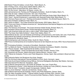 Alexander Richard Carbonell20
2008 Robert Preiss Art Gallery. Lincoln Road. Miami Beach, FL.
2007 “Finding a Clue”. Group show at Bank Atlantic, Miami, FL.
2007 Group Show at Doral Golf Club. Doral. Miami, FL.
2006 “On the Corner”. Alternative Art Space. London, UK
2006 Latinoamerican Art, Painting and Photography Exhibition, South Art Gallery. Miami, FL.
2005 “Arte de Cuba”. Galleria Conección. San Juan, Puerto Rico.
2004 “Reflection”. Sacred Entertaiment in association with Seacoast Suites Hotel. Miami Beach, FL.
2004 “Vision”. Sacred Entertaiment in association with Seacoast Suites Hotel. Miami Beach, FL.
2003 “Harmony Peace and Love”. Painting and Sculpture Exhibition. One Brickell Square, Miami, FL.
2003 Show Exhibition at Biltmore Hotel. Miami, FL.
2002 “Hecho en Miami”. The Cuban-American Artist Society. GDS Gallery. Miami, FL.
2002 “Forms and Colors of Hispano-American Art”. Iberoamericana International Magazine and International
Finance Bank. Miami, FL.
2002 “The Harmony of Contrasts”. The Cuban-American Artists Society. Brickell. Miami, FL.
2002 Sociedad Cultural Santa Cecilia. Florida International University. Miami, FL.
2000 “Latin American Artists will unite in order to fight!” WOA Gallery, Miami, FL.
2000 “The Green Door Bells Exhibition”. Green Door Gallery, Miami, FL.
1998 XII Bienal de San Juan del Grabado (printmaking) Latinoamericano y del Caribe. San Juan, Puerto Rico.
1998 II Bienal del Grabado (printmaking) Latinoamericano y del Caribe. Barranquilla, Colombia.
1998 Estampa 98. Barcelona, Spain.
1998 Contemporary Latin American Artists. South Art. Miami, Florida.
1998 Pintura Contemporánea de la Academia Nacional de San Alejandro de Cuba. ARCI, Nuova Associazione.
Italy.
1997 Printmaking Exhibition. University of Konstfack. Stockholm, Sweden.
1997 “La Matriz en Cierne”. Facultad de Artes de la Universidad de Antoquia. Medellín, Colombia.
1997 “Pescao Grande”. Taller Experimental de Gráfica. Havana, Cuba.
1997 “La Huella Múltiple”. Centro de Desarrollo de las Artes Visuales. Havana, Cuba.
1997 Exposición de Pinturas. Galería Servando Cabrera Moreno. Havana, Cuba.
1996 V Bienal de Grabados. Premio Julio Prieto Nespereira. Orense, Spain. Also exhibited in Brazil and Ven-
ezuela.
1996 Grafusche Nerke Und Skulpturen Aus Kuba. Sweden.
1996 The 3rd Kochi International Triennal Exhibition of Print. Kochi, Hormachi. Japan.
1995 Kuba Kunst Heute Grafiksammlung Stiftung. Schreiner/Stadtgalerie Bamberg. Bad Steben, Germany.
1995 International Print Biennial. Kawakawa, Japan.
1995 XI Bienal Latinoamericana y del Caribe de Grabado. San Juan, Puerto Rico.
1995 “Rompiendo la Rutina”. Unión Nacional de Escritores y Artistas de Cuba (UNEAC). Havana, Cuba.
1995 “Arte de Cuba”. Fundación Joseph Comaposada. Cataluña, Spain.
1995 “La Joven Estampa”. Casa de Las Americas. Havana, Cuba.
1994 III Bienal Internacional de Grabado. Premio Julio Prieto Nespereira. Orense, Spain.
1994 “No Valen Guayabas Verdes”. V Bienal Instituto Superior de Artes (ISA). Havana, Cuba.
1993 “Encuentro de Grabado”. Centro Provincial de Artes Plásticas y Diseño. Havana, Cuba.
 