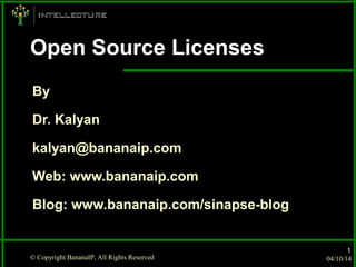 Open Source LicensesOpen Source Licenses
By
Dr. Kalyan
kalyan@bananaip.com
Web: www.bananaip.com
Blog: www.bananaip.com/sinapse-blog
04/10/14© Copyright BananaIP, All Rights Reserved
1
 