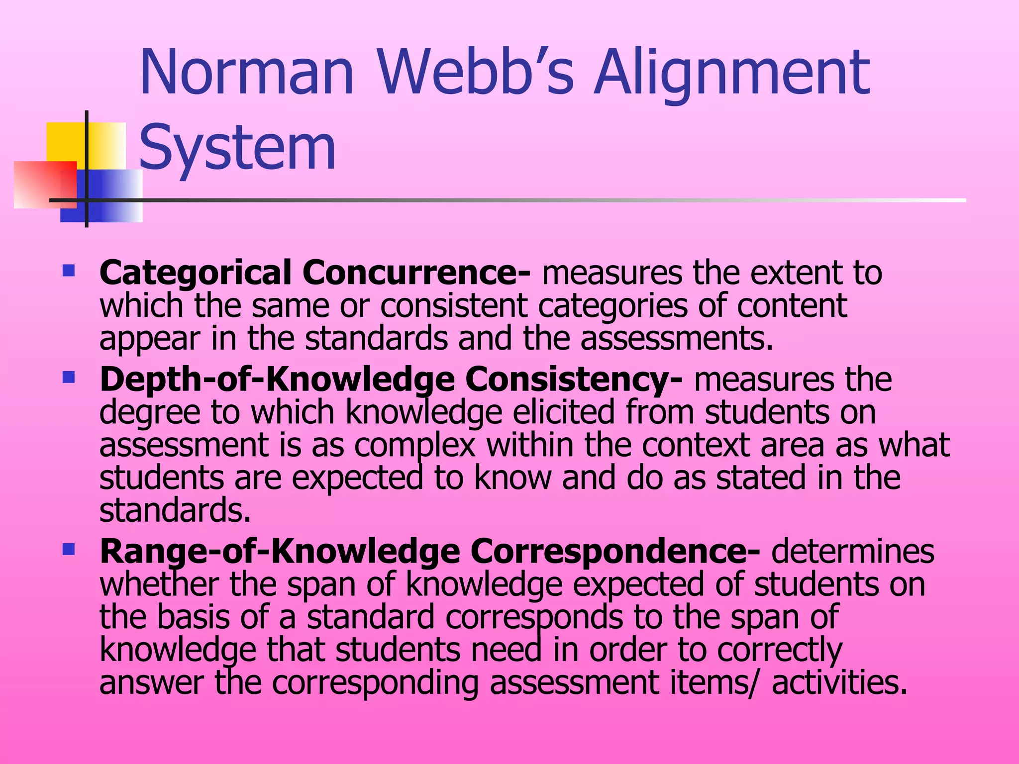 Norman Webb’s Alignment System Categorical Concurrence-  measures the extent to which the same or consistent categories of content appear in the standards and the assessments. Depth-of-Knowledge Consistency-  measures the degree to which knowledge elicited from students on assessment is as complex within the context area as what students are expected to know and do as stated in the standards. Range-of-Knowledge Correspondence-  determines whether the span of knowledge expected of students on the basis of a standard corresponds to the span of knowledge that students need in order to correctly answer the corresponding assessment items/ activities. 