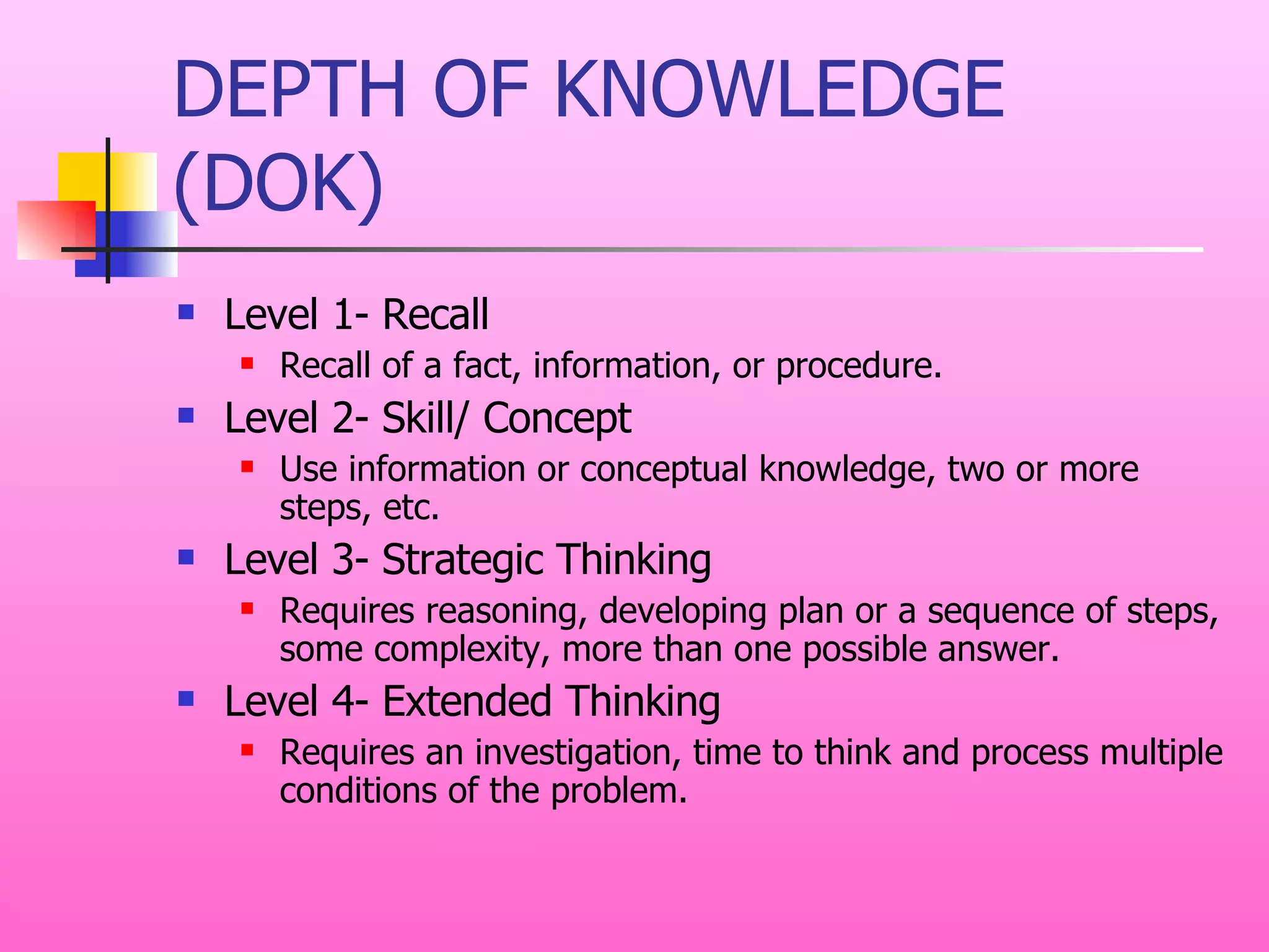 DEPTH OF KNOWLEDGE (DOK) Level 1- Recall Recall of a fact, information, or procedure. Level 2- Skill/ Concept Use information or conceptual knowledge, two or more steps, etc. Level 3- Strategic Thinking Requires reasoning, developing plan or a sequence of steps, some complexity, more than one possible answer. Level 4- Extended Thinking Requires an investigation, time to think and process multiple conditions of the problem. 