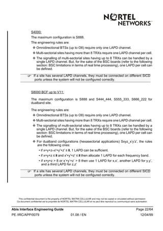This confidential document is the property of NORTEL MATRA CELLULAR and may not be copied or circulated without permission
Ce document confidentiel est la propriété de NORTEL MATRA CELLULAR et ne peut être reproduit ou communiqué sans autorisation
Abis Interface Engineering Guide Page 22/64
PE /IRC/APP/0079 01.08 / EN 12/04/99
S4000:
The maximum configuration is S888.
The engineering rules are:
v Omnidirectional BTSs (up to O8) require only one LAPD channel.
v Multi-sectorial sites having more than 8 TRXs require one LAPD channel per cell.
v The signalling of multi-sectorial sites having up to 8 TRXs can be handled by a
single LAPD channel. But, for the sake of the BSC boards (refer to the following
section: BSC limitations in terms of real time processing), one LAPD per cell can
be defined.
S8000 BCF up to V11:
The maximum configuration is S888 and S444_444, S555_333, S666_222 for
dualband site.
The engineering rules are:
v Omnidirectional BTSs (up to O8) require only one LAPD channel.
v Multi-sectorial sites having more than 8 TRXs require one LAPD channel per cell.
v The signalling of multi-sectorial sites having up to 8 TRXs can be handled by a
single LAPD channel. But, for the sake of the BSC boards (refer to the following
section: BSC limitations in terms of real time processing), one LAPD per cell can
be defined.
v For dualband configurations (hexasectorial applications) Sxyz_x’y’z’, the rules
are the following ones:
• if x+y+z+x'+y'+z' ≤ 8, 1 LAPD can be sufficient.
• if x+y+z ≤ 8 and x'+y'+z' ≤ 8 then allocate 1 LAPD for each frequency band.
• if x+y+z > 8 or x’+y’+z’ > 8 then use 1 LAPD for x,x’, another LAPD for y,y’,
and a third LAPD for z,z’
F If a site has several LAPD channels, they must be connected on different SICD
ports unless the system will not be configured correctly.
F If a site has several LAPD channels, they must be connected on different SICD
ports unless the system will not be configured correctly.
 