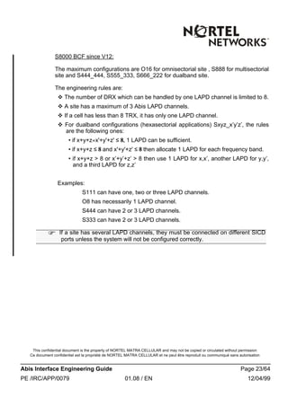 This confidential document is the property of NORTEL MATRA CELLULAR and may not be copied or circulated without permission
Ce document confidentiel est la propriété de NORTEL MATRA CELLULAR et ne peut être reproduit ou communiqué sans autorisation
Abis Interface Engineering Guide Page 23/64
PE /IRC/APP/0079 01.08 / EN 12/04/99
S8000 BCF since V12:
The maximum configurations are O16 for omnisectorial site , S888 for multisectorial
site and S444_444, S555_333, S666_222 for dualband site.
The engineering rules are:
v The number of DRX which can be handled by one LAPD channel is limited to 8.
v A site has a maximum of 3 Abis LAPD channels.
v If a cell has less than 8 TRX, it has only one LAPD channel.
v For dualband configurations (hexasectorial applications) Sxyz_x’y’z’, the rules
are the following ones:
• if x+y+z+x'+y'+z' ≤ 8, 1 LAPD can be sufficient.
• if x+y+z ≤ 8 and x'+y'+z' ≤ 8 then allocate 1 LAPD for each frequency band.
• if x+y+z > 8 or x’+y’+z’ > 8 then use 1 LAPD for x,x’, another LAPD for y,y’,
and a third LAPD for z,z’
Examples:
S111 can have one, two or three LAPD channels.
O8 has necessarily 1 LAPD channel.
S444 can have 2 or 3 LAPD channels.
S333 can have 2 or 3 LAPD channels.
F If a site has several LAPD channels, they must be connected on different SICD
ports unless the system will not be configured correctly.
 
