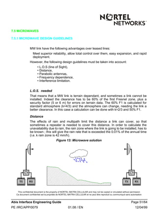 This confidential document is the property of NORTEL MATRA CELLULAR and may not be copied or circulated without permission
Ce document confidentiel est la propriété de NORTEL MATRA CELLULAR et ne peut être reproduit ou communiqué sans autorisation
Abis Interface Engineering Guide Page 51/64
PE /IRC/APP/0079 01.08 / EN 12/04/99
7.5 MICROWAVES
7.5.1 MICROWAVE DESIGN GUIDELINES
MW link have the following advantages over leased lines:
Meet superior reliability, allow total control over them, easy expansion, and rapid
deployment.
However, the following design guidelines must be taken into account:
• L.O.S (line of Sight),
• Distance,
• Parabolic antennas,
• Frequency dependence,
• Interference limitation.
L.O.S. needed
That means that a MW link is terrain dependant, and sometimes a link cannot be
installed. Indeed the clearance has to be 60% of the first Fresnel zone, plus a
security factor (5 or 6 m) for errors on terrain data. The 60% F1 is calculated for
standard atmosphere (k=4/3) and the atmosphere can change, needing the link a
better clearance. In this case a calculation can be done with k=2/3 and 50% F1.
Distance
The effects of rain and multipath limit the distance a link can cover, so that
sometimes a repeater is needed to cover this distance. In order to calculate the
unavailability due to rain, the rain zone where the link is going to be installed, has to
be known ; this will give the rain rate that is exceeded the 0.01% of the annual time
(i.e. k rain zone is 42 mm/h).
Figure 13: Microwave solution
 