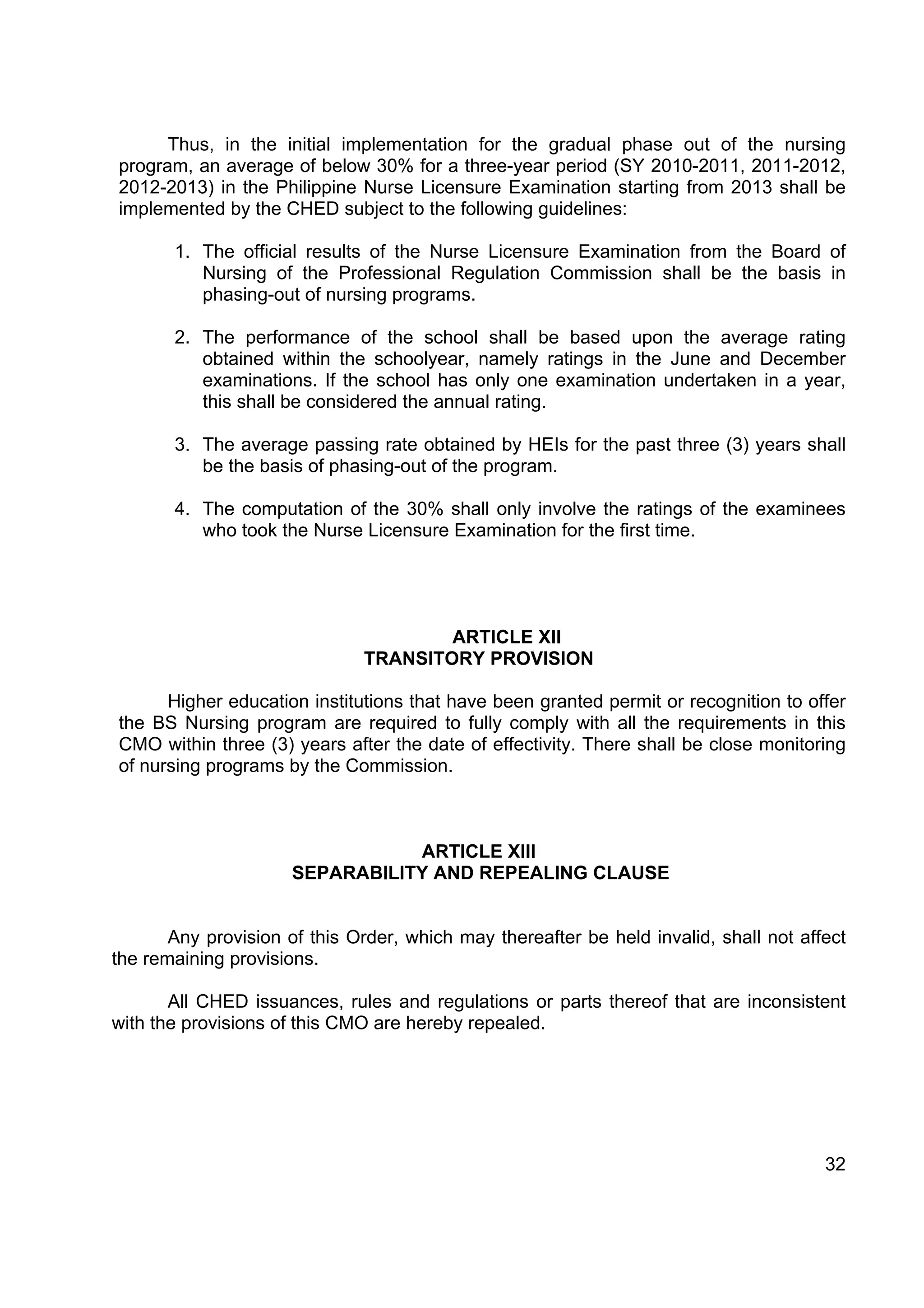 Thus, in the initial implementation for the gradual phase out of the nursing
program, an average of below 30% for a three-year period (SY 2010-2011, 2011-2012,
2012-2013) in the Philippine Nurse Licensure Examination starting from 2013 shall be
implemented by the CHED subject to the following guidelines:

       1. The official results of the Nurse Licensure Examination from the Board of
          Nursing of the Professional Regulation Commission shall be the basis in
          phasing-out of nursing programs.

       2. The performance of the school shall be based upon the average rating
          obtained within the schoolyear, namely ratings in the June and December
          examinations. If the school has only one examination undertaken in a year,
          this shall be considered the annual rating.

       3. The average passing rate obtained by HEIs for the past three (3) years shall
          be the basis of phasing-out of the program.

       4. The computation of the 30% shall only involve the ratings of the examinees
          who took the Nurse Licensure Examination for the first time.




                                      ARTICLE XII
                              TRANSITORY PROVISION

      Higher education institutions that have been granted permit or recognition to offer
the BS Nursing program are required to fully comply with all the requirements in this
CMO within three (3) years after the date of effectivity. There shall be close monitoring
of nursing programs by the Commission.



                                 ARTICLE XIII
                      SEPARABILITY AND REPEALING CLAUSE


       Any provision of this Order, which may thereafter be held invalid, shall not affect
the remaining provisions.

       All CHED issuances, rules and regulations or parts thereof that are inconsistent
with the provisions of this CMO are hereby repealed.




                                                                                       32
 