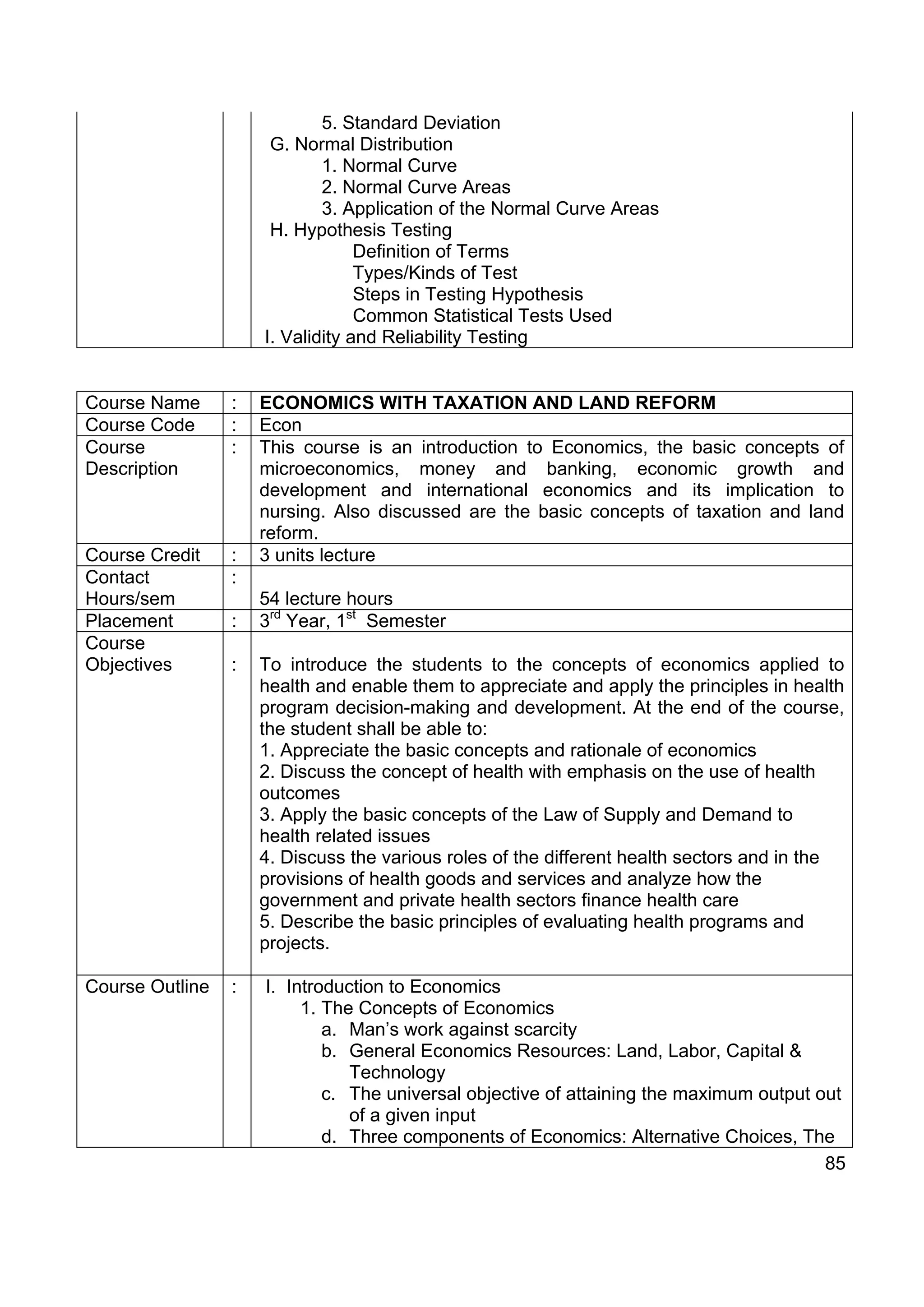 5. Standard Deviation
                      G. Normal Distribution
                             1. Normal Curve
                             2. Normal Curve Areas
                             3. Application of the Normal Curve Areas
                      H. Hypothesis Testing
                                  Definition of Terms
                                  Types/Kinds of Test
                                  Steps in Testing Hypothesis
                                  Common Statistical Tests Used
                     I. Validity and Reliability Testing


Course Name      :   ECONOMICS WITH TAXATION AND LAND REFORM
Course Code      :   Econ
Course           :   This course is an introduction to Economics, the basic concepts of
Description          microeconomics, money and banking, economic growth and
                     development and international economics and its implication to
                     nursing. Also discussed are the basic concepts of taxation and land
                     reform.
Course Credit    :   3 units lecture
Contact          :
Hours/sem            54 lecture hours
Placement        :   3rd Year, 1st Semester
Course
Objectives       :   To introduce the students to the concepts of economics applied to
                     health and enable them to appreciate and apply the principles in health
                     program decision-making and development. At the end of the course,
                     the student shall be able to:
                     1. Appreciate the basic concepts and rationale of economics
                     2. Discuss the concept of health with emphasis on the use of health
                     outcomes
                     3. Apply the basic concepts of the Law of Supply and Demand to
                     health related issues
                     4. Discuss the various roles of the different health sectors and in the
                     provisions of health goods and services and analyze how the
                     government and private health sectors finance health care
                     5. Describe the basic principles of evaluating health programs and
                     projects.

Course Outline   :   I. Introduction to Economics
                          1. The Concepts of Economics
                             a. Man’s work against scarcity
                             b. General Economics Resources: Land, Labor, Capital &
                                Technology
                             c. The universal objective of attaining the maximum output out
                                of a given input
                             d. Three components of Economics: Alternative Choices, The
                                                                                         85
 