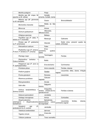 Mentha pulegium Poejo 
Mentha spp (M. crispa, M. 
piperita ou M. villosa) 
Hortelã-pimenta, 
hortelã, menta 
Mikania spp (M. glomerata 
ou M. laevigata) Guaco Broncodilatador 
Momordica charantia Melão de São 
Caetano 
Morus sp Amora 
Ocimum gratissimum Alfavacão, 
alfavaca-cravo 
Orbignya speciosa Babaçu 
Passiflora spp (P. alata, P. 
edulis ou P. incarnata) Maracujá Calmante 
Persea spp (P. gratissima 
Abacate Ácido úrico, prevenir queda de 
ou P. americana) cabelo, anticaspa 
Petroselinum sativum Falsa 
Phyllanthus spp (P. amarus, 
P.niruri, P. tenellus e P. urinaria) 
Erva-pombinha, 
quebra-pedra 
Plantago major Tanchagem, 
tanchás Feridas 
Plectranthus barbatus = 
Coleus barbatus Boldo 
Polygonum spp (P. acre ou 
P. hydropiperoides) Erva-de-bicho Corrimentos 
Portulaca pilosa Amor-crescido Feridas, úlceras 
Psidium guajava Goiaba Leucorreia, aftas, úlcera, irritação 
vaginal 
Punica granatum Romeira Leucorreia 
Rhamnus purshiana Cáscara 
sagrada 
Ruta graveolens Arruda 
Salix alba Salgueiro 
branco 
Schinus terebinthifolius = 
Schinus aroeira 
Araguaíba, 
aroeira, aroeira-do-rio-grande- 
do-sul 
Feridas e úlceras 
Solanum paniculatum Jurubeba 
Solidago microglossa Arnica Contusões 
Stryphnodendron 
adstringens = Stryphnodendron 
barbatimam 
Barbatimão, 
abaremotemo, casca-da- 
virgindade 
Leucorreia, feridas, úlceras, 
corrimento vaginal 
Syzygium spp (S. 
jambolanum ou S. cumini) Jambolão 
Tabebuia avellanedeae Ipê-roxo 
Tagetes minuta Cravo-de-defunto 
Trifolium pratense Trevo vermelho 
 
