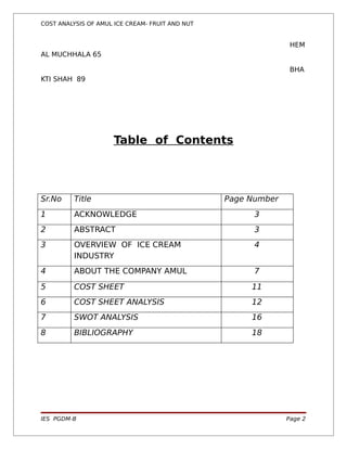 COST ANALYSIS OF AMUL ICE CREAM- FRUIT AND NUT


                                                                HEM
AL MUCHHALA 65

                                                                BHA
KTI SHAH 89




                     Table of Contents




Sr.No     Title                                  Page Number
1         ACKNOWLEDGE                                  3
2         ABSTRACT                                     3
3         OVERVIEW OF ICE CREAM                        4
          INDUSTRY
4         ABOUT THE COMPANY AMUL                       7
5         COST SHEET                                  11
6         COST SHEET ANALYSIS                         12
7         SWOT ANALYSIS                               16
8         BIBLIOGRAPHY                                18




IES PGDM-B                                                     Page 2
 