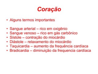 Coração
• Alguns termos importantes

•   Sangue arterial – rico em oxigênio
•   Sangue venoso – rico em gás carbônico
•   Sístole – contração do miocárdio
•   Diástole – relaxamento do miocárdio
•   Taquicardia – aumento da frequência cardíaca
•   Bradicardia – diminuição da frequencia cardíaca
 