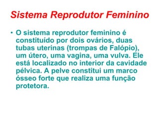 Sistema Reprodutor Feminino O sistema reprodutor feminino é constituído por dois ovários, duas tubas uterinas (trompas de Falópio), um útero, uma vagina, uma vulva. Ele está localizado no interior da cavidade pélvica. A pelve constitui um marco ósseo forte que realiza uma função protetora. 