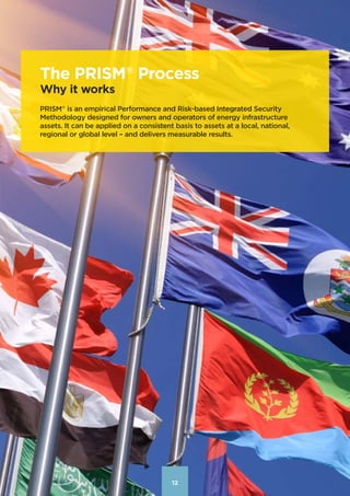 1212
The PRISM®
Process
Why it works
PRISM®
is an empirical Performance and Risk-based Integrated Security
Methodology designed for owners and operators of energy infrastructure
assets. It can be applied on a consistent basis to assets at a local, national,
regional or global level – and delivers measurable results.
Contents
 