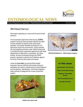 1
In This Issue
Agroforestry Pest Survey
Grape Commodity Survey
Soybean Commodity
Survey
Oak Commodity Survey
Emerald Ash Boer
ENTOMOLOGICAL NEWS
Kansas Department of Agriculture—Plant Protection and Weed Control Vol. 62, Issue 1
2014 Insect Surveys
Information regarding our resources for grant funded
research.
The Cooperative Agriculture Pest Survey (CAPS)
program conducts science-based national and state
surveys targeted at specific exotic plant pests,
diseases, and weeds identified as threats to U.S.
agriculture and/or the environment. These activities
are accomplished primarily under USDA funding that
is provided through cooperative agreements with state
departments of agriculture, universities, and other
entities. Surveys conducted through the CAPS
program represent a second line of defense against
the entry of harmful plant pests and weeds.
Under the Farm Bill, the Animal Plant Health
Inspection Service (APHIS) will provide funding to
strengthen the nation’s infrastructure for pest detection
and surveillance, identification, and threat mitigation,
while working to safeguard the nursery production
system.
giant East African s
Golden twin-spot moth – Chrysodeixis chalcites
Golden twin-spot moth-Chrysodeixis chalcites
1
Golden twin-spot moth
Old World Bollworm – Helicoverpa armigera
 