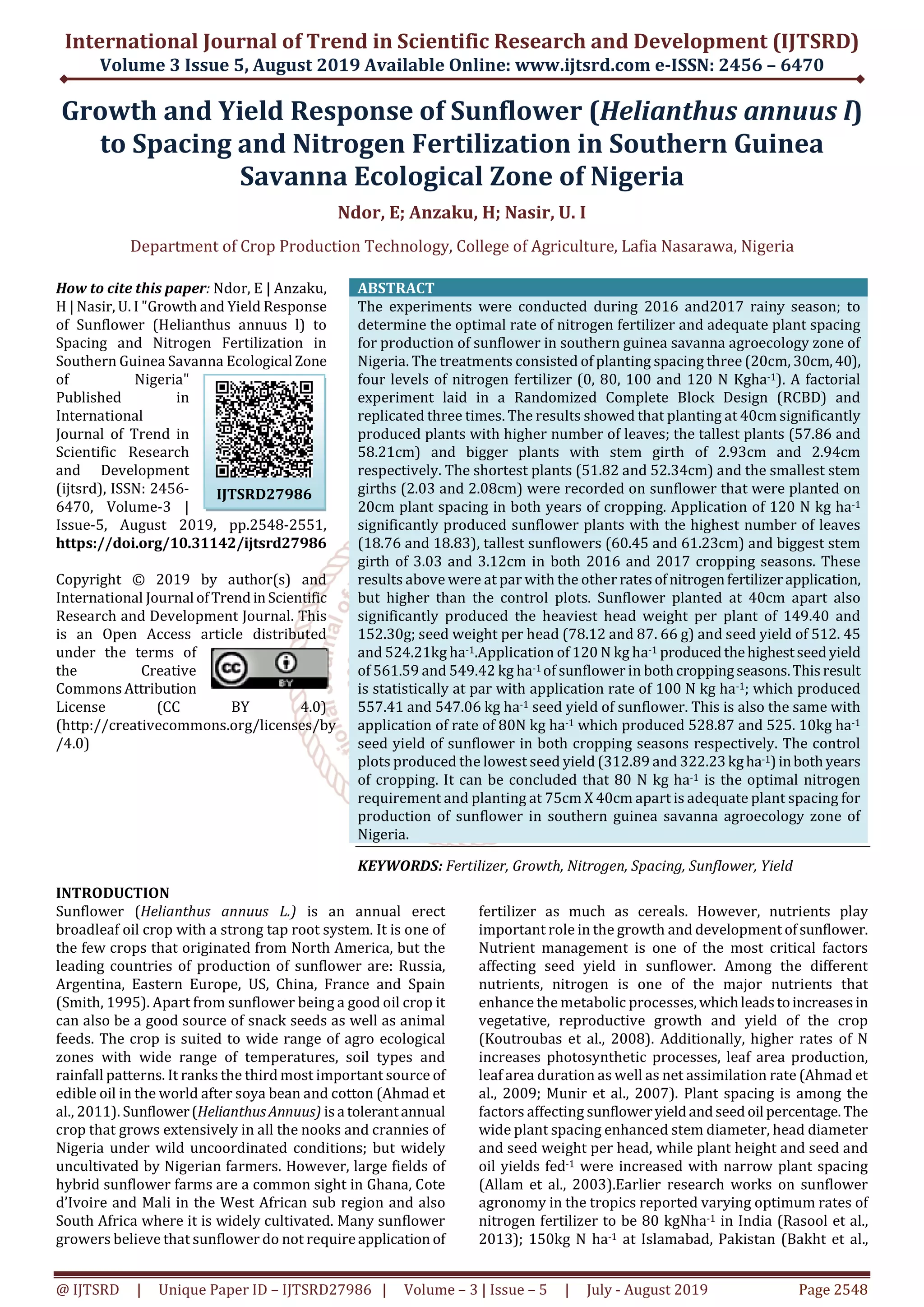 Growth and Yield Response of Sunflower Helianthus annuus l to Spacing ...