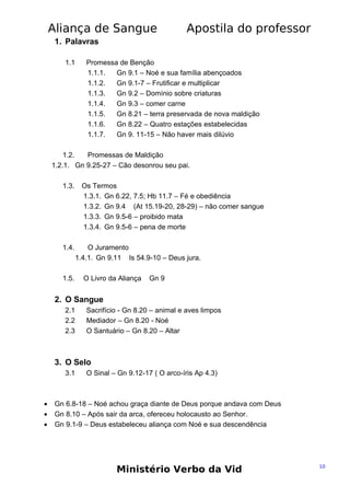 Aliança de Sangue

Apostila do professor

1. Palavras
1.1

Promessa de Benção
1.1.1.
Gn 9.1 – Noé e sua família abençoados
1.1.2.
Gn 9.1-7 – Frutificar e multiplicar
1.1.3.
Gn 9.2 – Domínio sobre criaturas
1.1.4.
Gn 9.3 – comer carne
1.1.5.
Gn 8.21 – terra preservada de nova maldição
1.1.6.
Gn 8.22 – Quatro estações estabelecidas
1.1.7.
Gn 9. 11-15 – Não haver mais dilúvio

1.2.
Promessas de Maldição
1.2.1. Gn 9.25-27 – Cão desonrou seu pai.
1.3.

1.4.

1.5.

Os Termos
1.3.1. Gn 6.22, 7.5; Hb 11.7 – Fé e obediência
1.3.2. Gn 9.4 (At 15.19-20, 28-29) – não comer sangue
1.3.3. Gn 9.5-6 – proibido mata
1.3.4. Gn 9.5-6 – pena de morte
O Juramento
1.4.1. Gn 9.11 Is 54.9-10 – Deus jura.
O Livro da Aliança

Gn 9

2. O Sangue
2.1
2.2
2.3

Sacrifício - Gn 8.20 – animal e aves limpos
Mediador – Gn 8.20 - Noé
O Santuário – Gn 8.20 – Altar

3. O Selo
3.1

•
•
•

O Sinal – Gn 9.12-17 ( O arco-íris Ap 4.3)

Gn 6.8-18 – Noé achou graça diante de Deus porque andava com Deus
Gn 8.10 – Após sair da arca, ofereceu holocausto ao Senhor.
Gn 9.1-9 – Deus estabeleceu aliança com Noé e sua descendência

Ministério Verbo da Vid

10

 