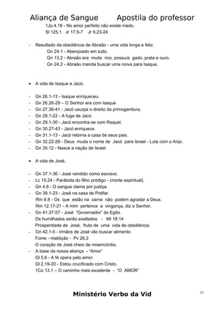 Aliança de Sangue

Apostila do professor

1Jo 4.18 - No amor perfeito não existe medo.
Sl 125.1 Jr 17.5-7 Jr 9.23-24
-

Resultado da obediência de Abraão - uma vida longa e feliz.
Gn 24.1 - Abençoado em tudo.
Gn 13.2 - Abraão era muito rico, possuía gado, prata e ouro.
Gn 24.2 - Abraão manda buscar uma noiva para Isaque.

•

A vida de Isaque e Jacó.

-

Gn 26.1-13 - Isaque enriqueceu.
Gn 26.26-29 – O Senhor era com Isaque
Gn 27.36-41 - Jacó usurpa o direito da primogenitura.
Gn 28.1-22 - A fuga de Jacó.
Gn 29.1-30 - Jacó encontra-se com Raquel.
Gn 30.27-43 - Jacó enriquece.
Gn 31.1-13 - Jacó retorna a casa de seus pais.
Gn 32.22-28 - Deus muda o nome de Jacó para Israel - Luta com o Anjo.
Gn 35.12 - Nasce a nação de Israel.

•

A vida de José.

-

Gn 37.1-36 - José vendido como escravo.
Lc 15.24 - Parábola do filho pródigo - (morte espiritual).
Gn 4.8 - O sangue clama por justiça.
Gn 39.1-23 - José na casa de Potifar.
Rm 8.8 - Os que estão na carne não podem agradar a Deus.
Rm 12.17-21 - A mim pertence a vingança, diz o Senhor.
Gn 41.37-57 - José “Governador” do Egito.
Os humilhados serão exaltados - Mt 18:14
Prosperidade de José, fruto de uma vida de obediência.
Gn 42.1-5 - Irmãos de José vão buscar alimento.
Fome - maldição - Pv 26.2
O coração de José cheio de misericórdia.
A base da nossa aliança - “Amor”
Gl 5.6 - A fé opera pelo amor.
Gl 2.19-20 - Estou crucificado com Cristo.
1Co 13.1 – O caminho mais excelente - “O AMOR”

-

-

-

Ministério Verbo da Vid

13

 