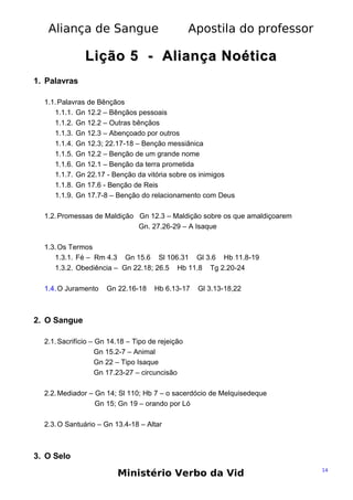 Aliança de Sangue

Apostila do professor

Lição 5 - Aliança Noética
1. Palavras
1.1. Palavras de Bênçãos
1.1.1. Gn 12.2 – Bênçãos pessoais
1.1.2. Gn 12.2 – Outras bênçãos
1.1.3. Gn 12.3 – Abençoado por outros
1.1.4. Gn 12.3; 22.17-18 – Benção messiânica
1.1.5. Gn 12.2 – Benção de um grande nome
1.1.6. Gn 12.1 – Benção da terra prometida
1.1.7. Gn 22.17 - Benção da vitória sobre os inimigos
1.1.8. Gn 17.6 - Benção de Reis
1.1.9. Gn 17.7-8 – Benção do relacionamento com Deus
1.2. Promessas de Maldição Gn 12.3 – Maldição sobre os que amaldiçoarem
Gn. 27.26-29 – A Isaque
1.3. Os Termos
1.3.1. Fé – Rm 4.3 Gn 15.6 Sl 106.31 Gl 3.6 Hb 11.8-19
1.3.2. Obediência – Gn 22.18; 26.5 Hb 11.8 Tg 2.20-24
1.4. O Juramento

Gn 22.16-18

Hb 6.13-17

Gl 3.13-18,22

2. O Sangue
2.1. Sacrifício – Gn 14.18 – Tipo de rejeição
Gn 15.2-7 – Animal
Gn 22 – Tipo Isaque
Gn 17.23-27 – circuncisão
2.2. Mediador – Gn 14; Sl 110; Hb 7 – o sacerdócio de Melquisedeque
Gn 15; Gn 19 – orando por Ló
2.3. O Santuário – Gn 13.4-18 – Altar

3. O Selo

Ministério Verbo da Vid

14

 