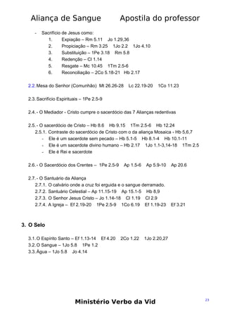 Aliança de Sangue
-

Apostila do professor

Sacrifício de Jesus como:
1.
Expiação – Rm 5.11 Jo 1.29,36
2.
Propiciação – Rm 3.25 1Jo 2.2 1Jo 4.10
3.
Substituição – 1Pe 3.18 Rm 5.8
4.
Redenção – Cl 1.14
5.
Resgate – Mc 10.45 1Tm 2.5-6
6.
Reconciliação – 2Co 5.18-21 Hb 2.17

2.2. Mesa do Senhor (Comunhão) Mt 26.26-28

Lc 22.19-20

1Co 11.23

2.3. Sacrifício Espirituais – 1Pe 2.5-9
2.4. - O Mediador - Cristo cumpre o sacerdócio das 7 Alianças redentivas
2.5. - O sacerdócio de Cristo – Hb 8.6 Hb 9.15 1Tm 2.5-6 Hb 12.24
2.5.1. Contraste do sacerdócio de Cristo com o da aliança Mosaica - Hb 5,6,7
- Ele é um sacerdote sem pecado – Hb 5.1-5 Hb 8.1-4 Hb 10.1-11
- Ele é um sacerdote divino humano – Hb 2.17 1Jo 1.1-3,14-18 1Tm 2.5
- Ele é Rei e sacerdote
2.6. - O Sacerdócio dos Crentes – 1Pe 2.5-9

Ap 1.5-6

Ap 5.9-10

Ap 20.6

2.7. - O Santuário da Aliança
2.7.1. O calvário onde a cruz foi erguida e o sangue derramado.
2.7.2. Santuário Celestial – Ap 11.15-19 Ap 15.1-5 Hb 8,9
2.7.3. O Senhor Jesus Cristo – Jo 1.14-18 Cl 1.19 Cl 2.9
2.7.4. A Igreja – Ef 2.19-20 1Pe 2.5-9 1Co 6.19 Ef 1.19-23

Ef 3.21

3. O Selo
3.1. O Espírito Santo – Ef 1.13-14 Ef 4.20
3.2. O Sangue – 1Jo 5.8 1Pe 1.2
3.3. Água – 1Jo 5.8 Jo 4.14

2Co 1.22

1Jo 2.20,27

Ministério Verbo da Vid

23

 