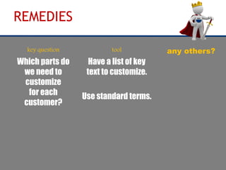 REMEDIES 
key question 
Which parts do 
we need to 
customize 
for each 
customer? 
tool any others? 
Have a list of key 
...
