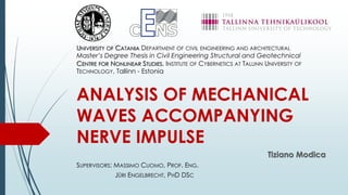 ANALYSIS OF MECHANICAL
WAVES ACCOMPANYING
NERVE IMPULSE
Tiziano Modica
SUPERVISORS: MASSIMO CUOMO, PROF. ENG.
JÜRI ENGELBRECHT, PHD DSC
UNIVERSITY OF CATANIA DEPARTMENT OF CIVIL ENGINEERING AND ARCHITECTURAL
Master’s Degree Thesis in Civil Engineering Structural and Geotechnical
CENTRE FOR NONLINEAR STUDIES, INSTITUTE OF CYBERNETICS AT TALLINN UNIVERSITY OF
TECHNOLOGY, Tallinn - Estonia
 
