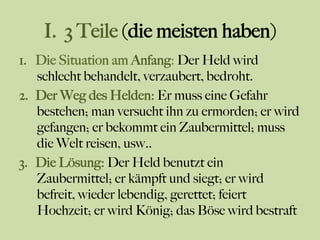 I. 3 Teile (die meisten haben)
1.  Die Situation am Anfang: Der Held wird
schlecht behandelt, verzaubert, bedroht.
2.  Der Weg des Helden: Er muss eine Gefahr
bestehen; man versucht ihn zu ermorden; er wird
gefangen; er bekommt ein Zaubermittel; muss
die Welt reisen, usw..
3.  Die Lösung: Der Held benutzt ein
Zaubermittel; er kämpft und siegt; er wird
befreit, wieder lebendig, gerettet; feiert
Hochzeit; er wird König; das Böse wird bestraft
 