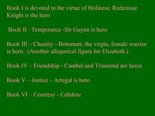 Book I is devoted to the virtue of Holiness; Redcrosse
Knight is the hero
Book II –Temperance -Sir Guyon is hero
Book III – Chastity - Britomart, the virgin, female warrior
is hero. (Another allegorical figure for Elizabeth.)
Book IV – Friendship - Cambel and Triamond are heros
Book V – Justice – Artegal is hero
Book VI – Courtesy - Calidore
 