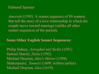 Edmund Spenser
Amoretti (1595) A sonnet sequence of 89 sonnets
that tell the story of a love relationship in which the
couple move toward marriage (unlike all other
sonnet sequences of the period).
Some Other English Sonnet Sequences:
Philip Sidney, Astrophel and Stella (1591)
Samuel Daniel, Delia (1592)
Michael Drayton, Idea's Mirror (1594)
Shakespeare, Sonnets (1609; written earlier)
Michael Drayton, Idea (1619)
 
