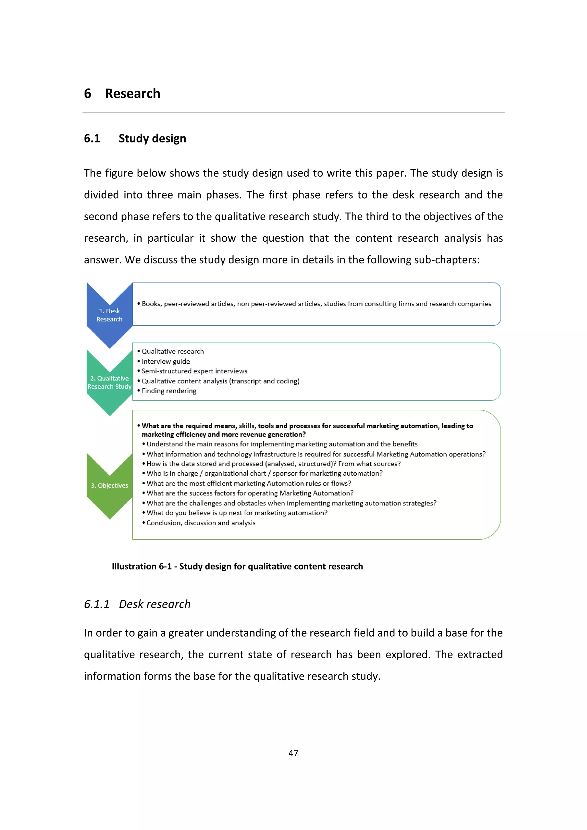 47
6 Research
6.1 Study design
The figure below shows the study design used to write this paper. The study design is
divided into three main phases. The first phase refers to the desk research and the
second phase refers to the qualitative research study. The third to the objectives of the
research, in particular it show the question that the content research analysis has
answer. We discuss the study design more in details in the following sub-chapters:
Illustration 6-1 - Study design for qualitative content research
6.1.1 Desk research
In order to gain a greater understanding of the research field and to build a base for the
qualitative research, the current state of research has been explored. The extracted
information forms the base for the qualitative research study.
 