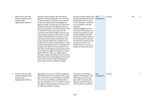166
1 What are the main data
analysis method you are
using (scoring,
segmentation, RFM etc.)
Scoring is a good method, that will help you
segment the data dynamically and in real time
on two dimensions: profile fit to your product
on the one hand and behavior/engagement
with your brand. That way you can predict and
qualify your base on the probability that they
will buy your product soon. At the end you want
to see who the leads are and who are the
consumers that have the highest value for you,
and to be able to interact with them. A scoring
model can be defined for each product if you
have very diverse portfolio, because you may
score a prospect differently in regards to the
product line he may be interested about. In B2B
scoring will be typically used to score leads and
prospects, and define the most qualified ones
that Sales should address in priority (those who
show interest through their behavior ad have a
good profile fit). In B2C, you might want to
leverage scoring to identify your top consumers
(those who buy the most/engage the most with
your brand), and those who are lapsing and
send to each of them a different message.
Scoring is a good method, that
will help you segment the data
dynamically and in real time
on two dimensions: profile fit
to your product on the one
hand and
behavior/engagement with
your brand. That way you can
predict and qualify your base
on the probability that they
will buy your product soon. At
the end you want to see who
the leads are and who are the
consumers that have the
highest value for you, and to
be able to interact with them.
Data
management
Scoring YES 3
1 What are the main data
analysis method you are
using (scoring,
segmentation, RFM etc.)
Obviously, if you have a e-commerce platform,
RFM will play a role in the way you look at your
data: what is the consumer behavior and which
ones do I want to address specifically (those
who are low buyers). This is a model that can be
leveraged as one dimension of scoring, or also
as a basis for predictive analytics.
If you have a e-commerce
platform, RFM will play a role
in the way you look at your
data: what is the consumer
behavior and which ones do I
want to address specifically
Data
management
Scoring 3
 
