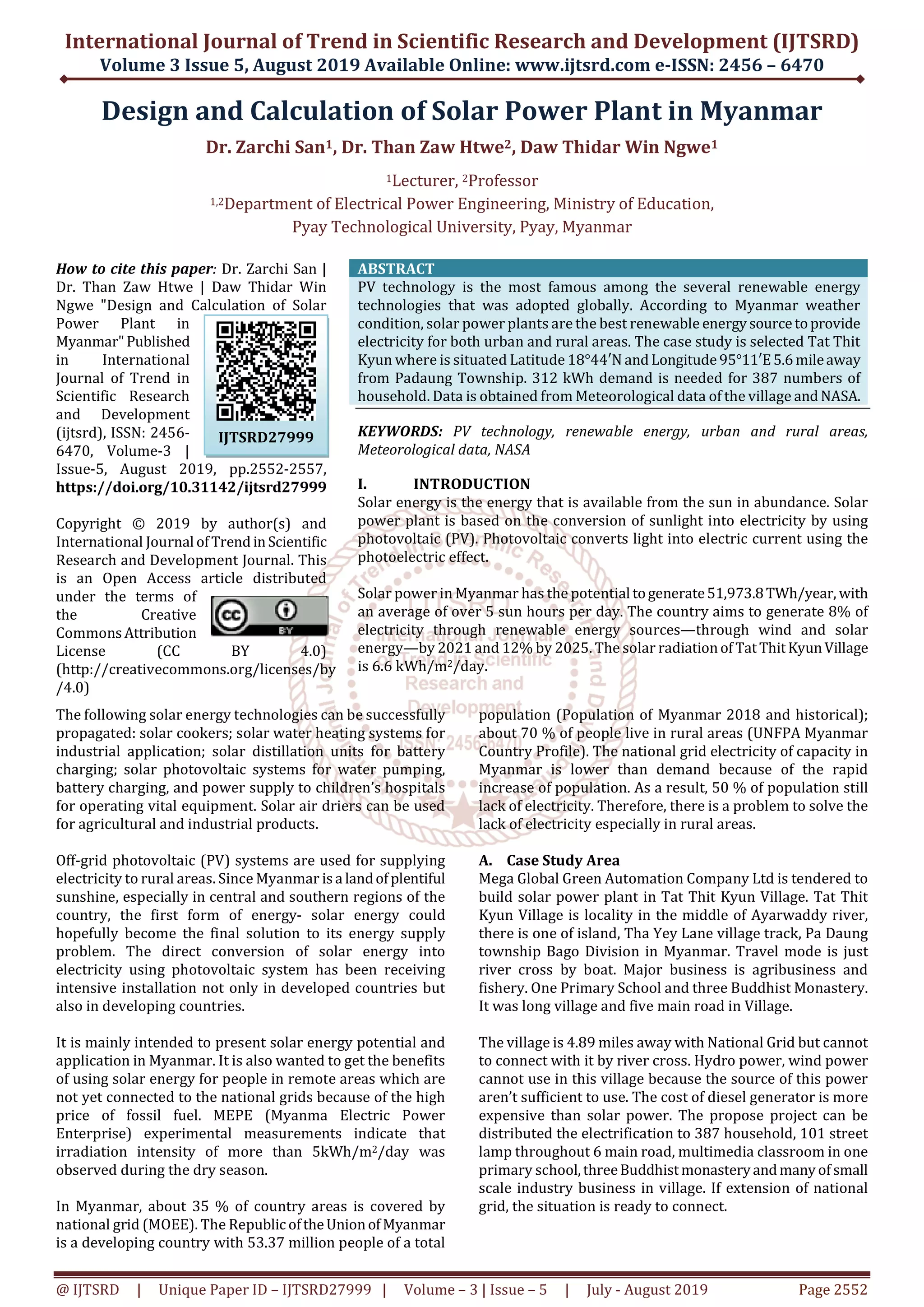 Design and Calculation of Solar Power Plant in Myanmar | PDF